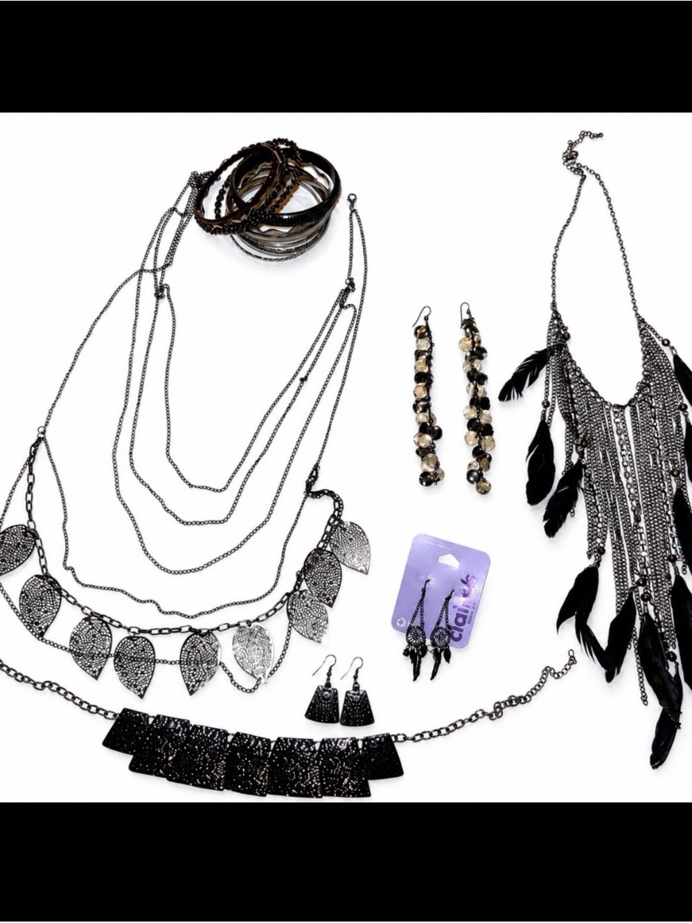 Mixed Lot Jewelry Statement Feather & Leaf Multi-Layer Necklace Set Black/silver